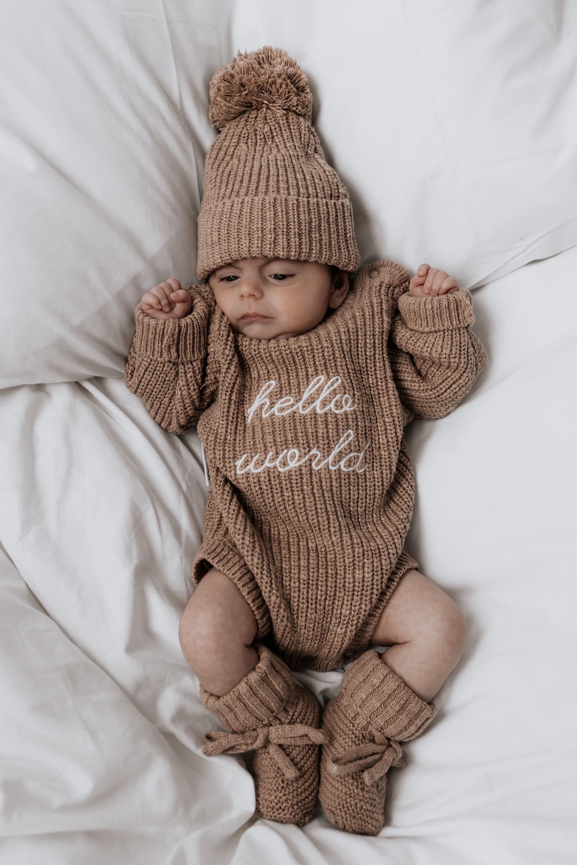 “Hello World” Romper | Teddy Brown